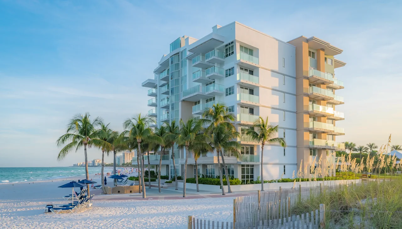 Beachfront condo building on Clearwater Beach, FL